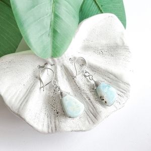 Genuine Raw Ocean Blue Larimar Teardrop Earrings